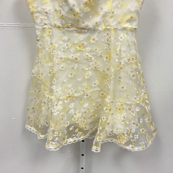 Lucy In The Sky Yellow Floral Tie Shoulder Mini Dress Lace Trim Size M Coquette - Image 4