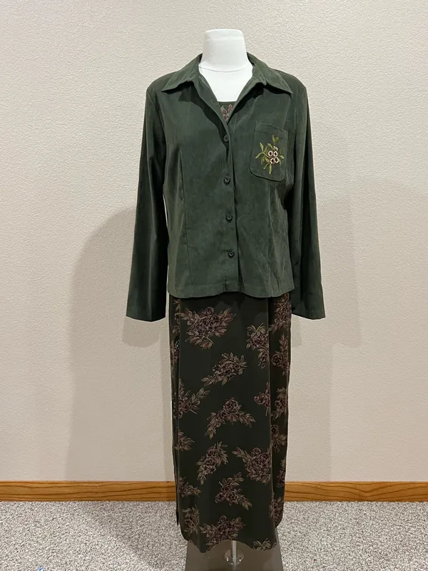Erika Vintage 90s Two Piece Set Olive Green Floral Maxi Dress & Shacket Sz Small - Image 3