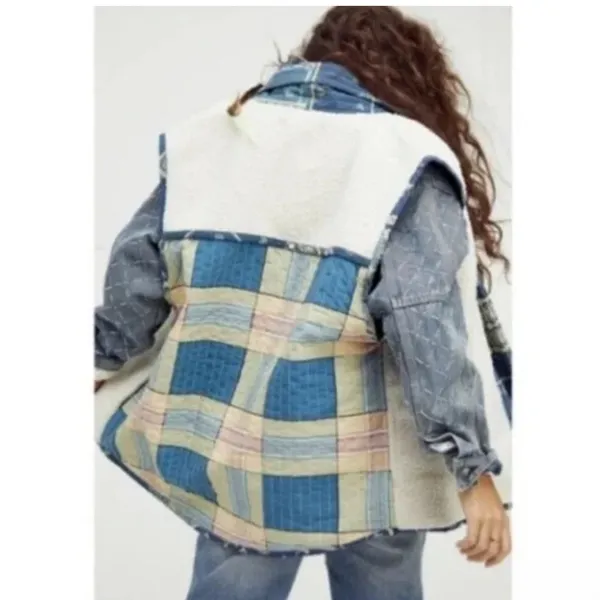 FREE PEOPLE Vera Plaid Patch‎ Sherpa Vest Oversized Boho Size Small - Image 2
