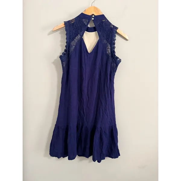 Skies Are Blue Lace Mini Dress Womens XS Navy Blue Ruffle Mock Neck Open Back - Image 3