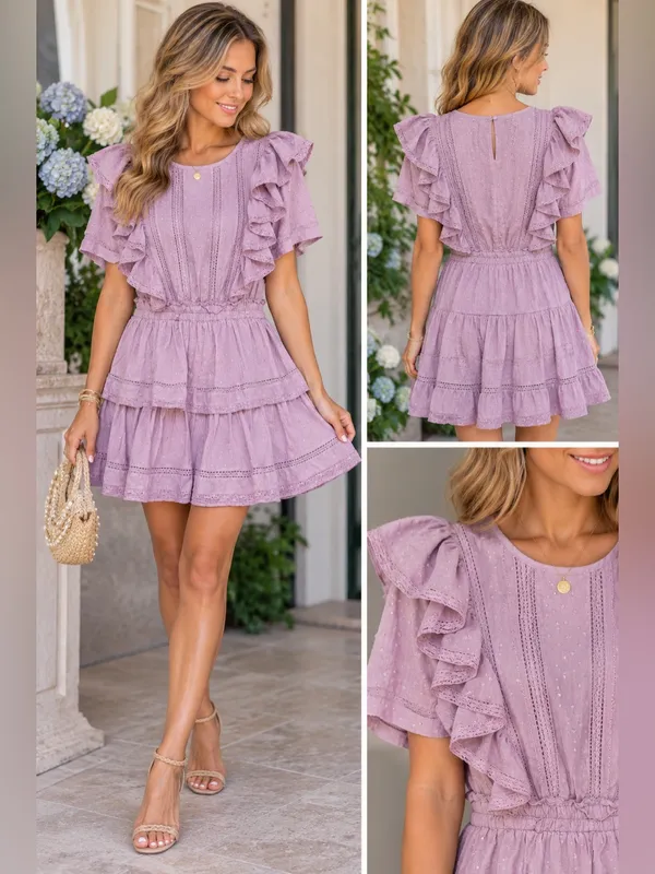 LoveShackFancy Natasha Dress Wisteria Purple Ruffle Lace Mini Dress Size Large - Image 2