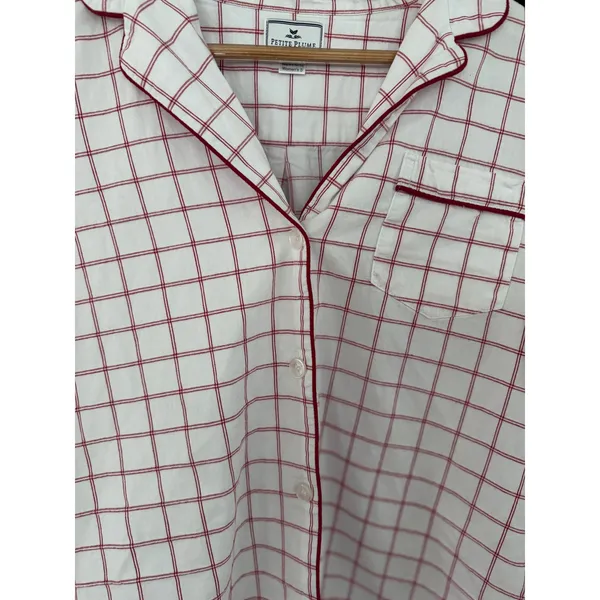 Petite Plume Women's Small Red Windowpane Cotton Pajama Top Button Front Sleep - Image 4