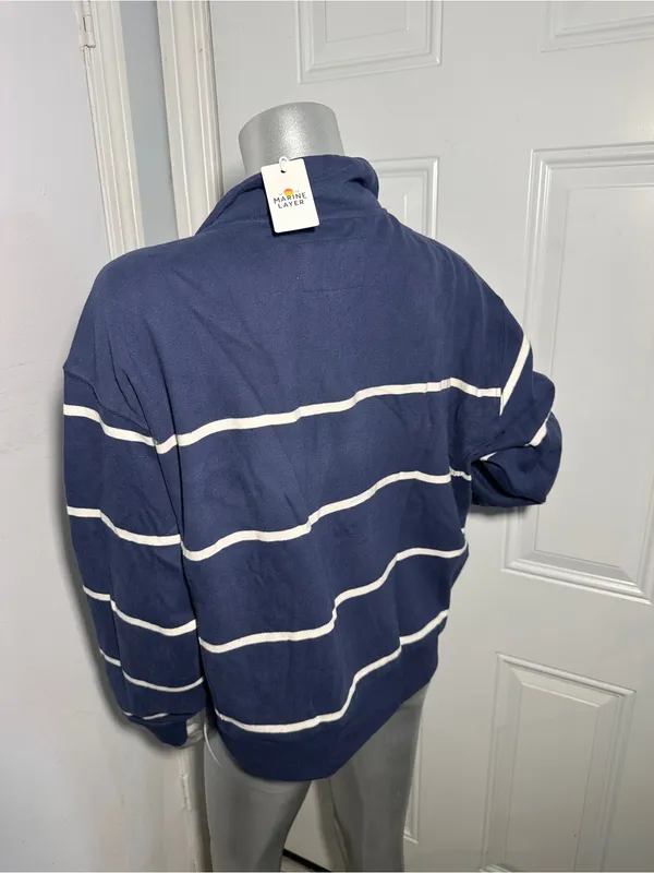 Marine Layer Cloud 9 Fleece Half Zip Sweatshirt NWT Size Large Navy Blue Stripe - Image 7
