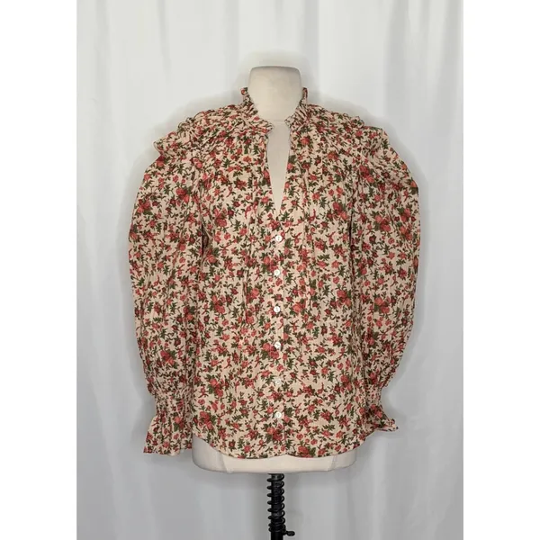 FREE PEOPLE Meant To‎ Be Blouse Floral Vintage Combo Ruffled Smocked Small - Image 2