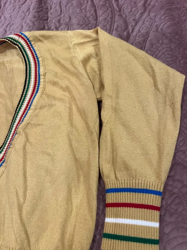 V-Neck Striped Trim Women’s Sweater - Yellow - Image 3