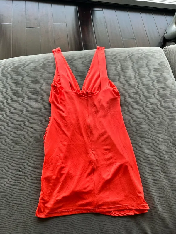Neon Coral Ruched Cutout Mini Dress - Image 5