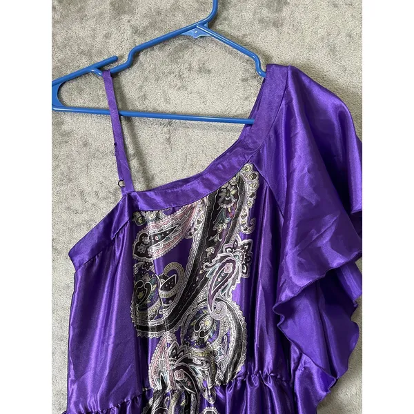 Vintage Y2K Purple One Shoulder Paisley Satin Party Dress Ruffle Mini‎ Dress Med - Image 2