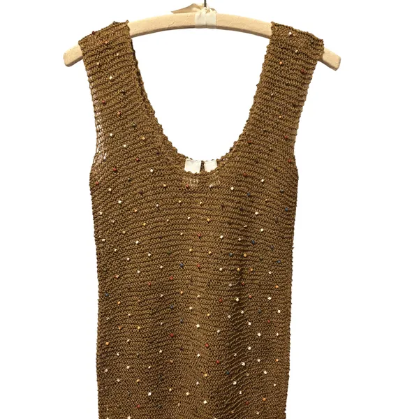 Vicky Moreinis Brown Knit Beaded Swimwear Cover up Dress Beaded Fringe Stretch - Image 4