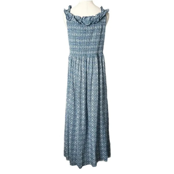 Gal Meets Glam Blue Floral Smocked Ruffle Maxi Dress 100% Cotton Size 16 - Image 4
