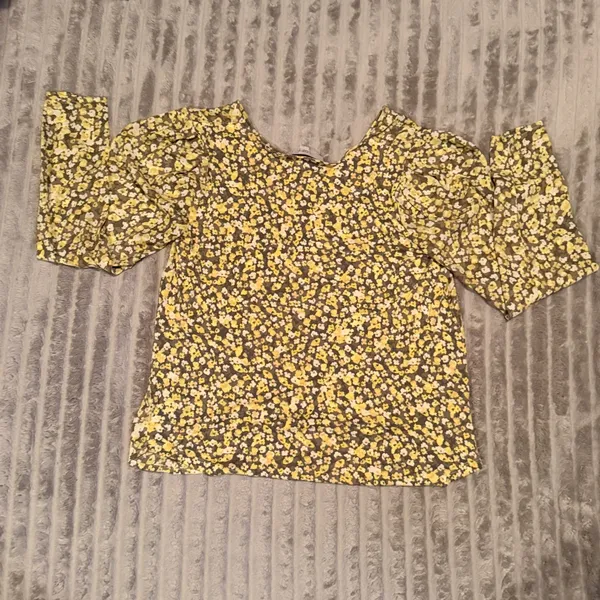 LOFT Womens Yellow Olive‎ Green Floral V-Neck Puff Sleeve Blouse Top M - Image 8