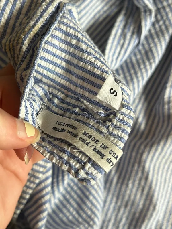 Jill Mogowan blue white striped button down shirt USA cotton small see stains - Image 12