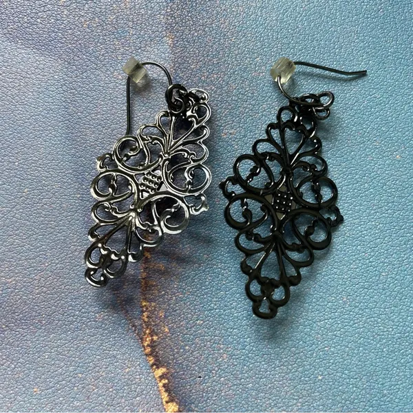 Pewter Filigree Boho Drop Earrings Pink Purple Stone Accent Y2K Dainty‎ Jewelry - Image 6