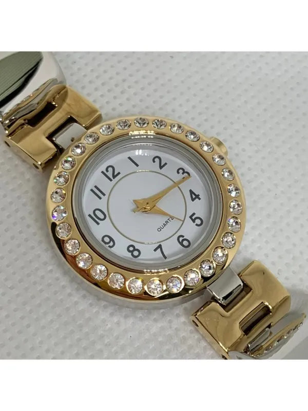 Women’s silver gold tone watch rhinestones 26mm quartz analog white dial running - Image 5