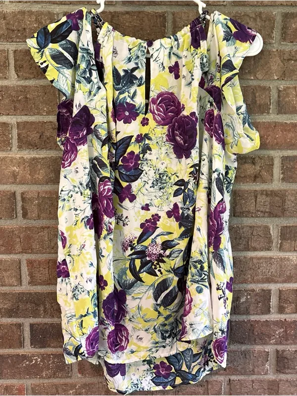 TORRID Georgette Chain Cold Shoulder Blouse Flutter Sleeve - Yellow & Purple - Image 3