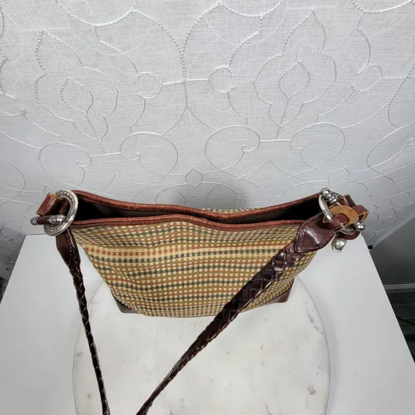 Brighton Tweed Purse Braided Leather Trim Heart Charm Brown Tan Check - Image 6