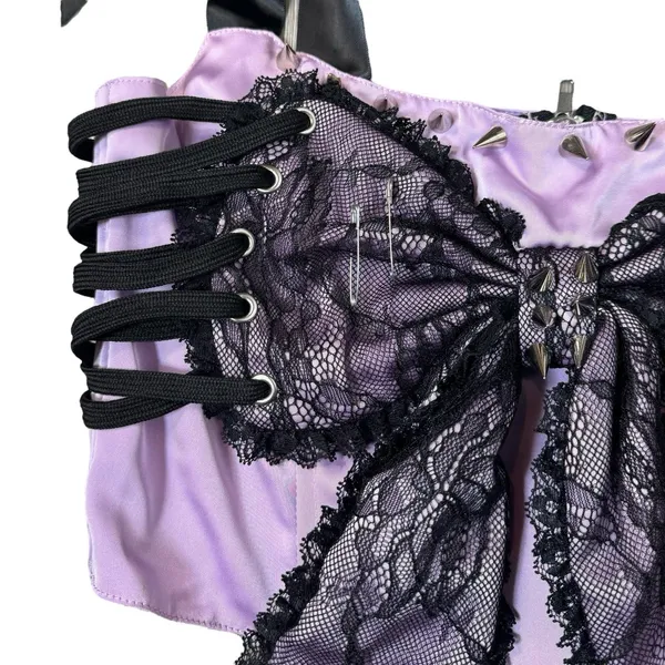 Dolls Kill Bow Lace Up Corset Top Size S Purple Black Ribbon Spikes Safety Pin - Image 3