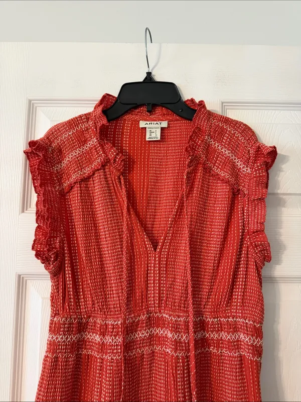 Ariat Coral-Red Tiered Maxi Dress with Tassel Tie size S excellent condition - Image 3