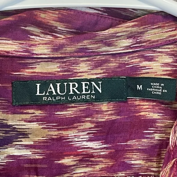 LAUREN RALPH‎ LAUREN Silk Blend Blouse Ikat Print Button Front Purple Medium Top - Image 4