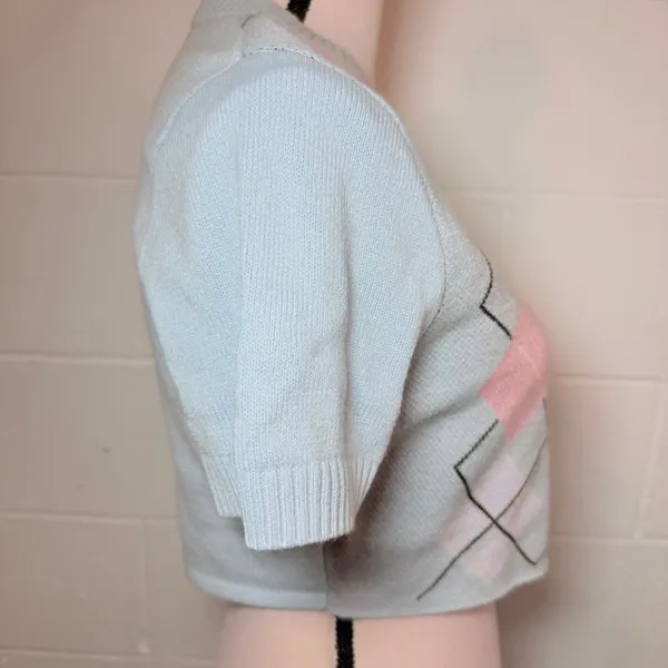 Divided Light Blue and Pink Argyle Short Sleeve Cropped Sweater - Image 4