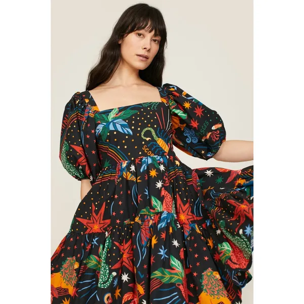Farm Rio Zodiac Print Black Puff Sleeve Square Neck Babydoll Mini Dress Size M - Image 4