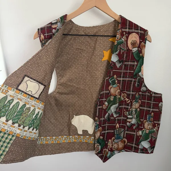 Vintage Retro Open Vest‎ Christmas Bear Nutcracker Red Plaid Relaxed Oversized - Image 2
