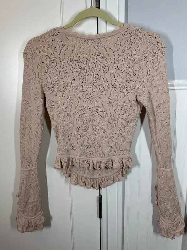 Ronny Kobo Tan Pointelle Open-Knit Bell Sleeve Ruffle Sweater Top Size Small - Image 3