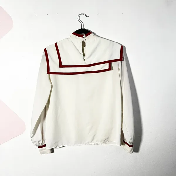 Vintage 90s 80s‎ Blouse Top Womens 10 Cream Bib Collar Retro Nautical Career - Image 2