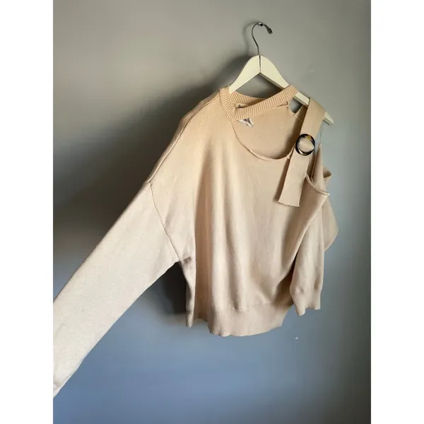 Peach Love California Cream‎ One Shoulder Cutout O Ring Knit Sweater Large Y2K - Image 5