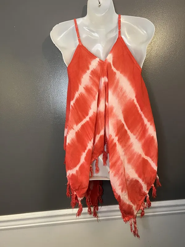 Mimi Shirt Womens Large Red White Tie Dye Cami Tassel Fringe Handkerchief Boho - Image 5