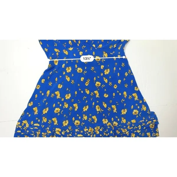 Free People Blue Peasant Faux Wrap Dress 8 Blue Floral Cap‎ Sleeves Keyhole - Image 7