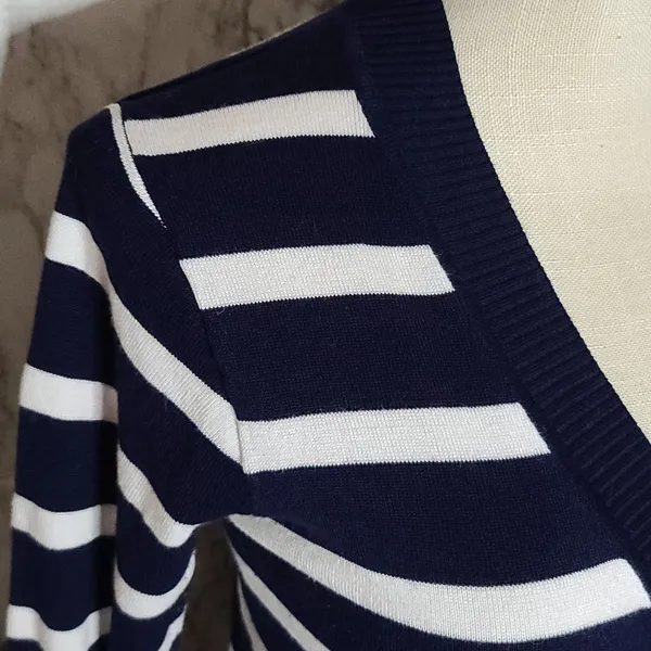 Ounce Navy White Striped Cardigan Sweater Medium Coastal Preppy - Image 3