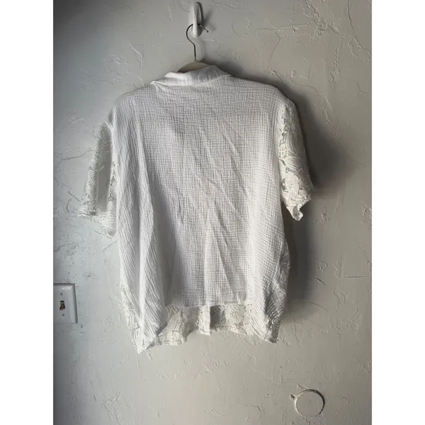Peach White Lace Crochet Button Down Short Sleeve Shirt Top L Coquette Victorian - Image 5