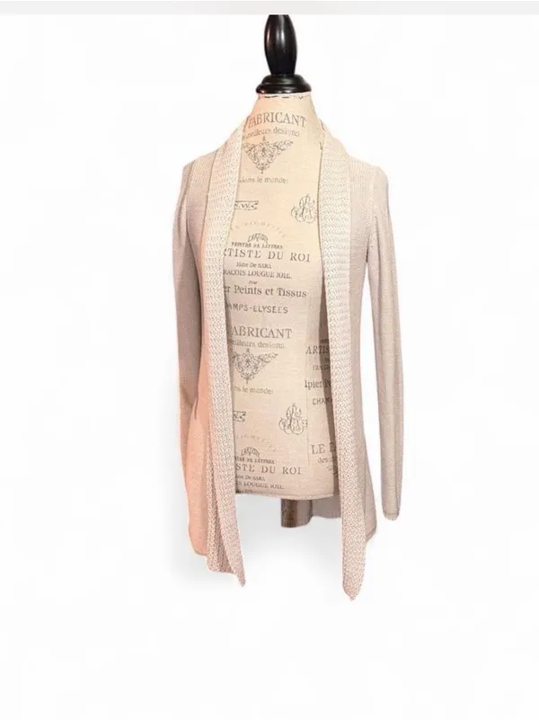 Belldini Beige Oatmeal Open Knit Duster Cardigan with a Cable Knit Spine Sz S - Image 3