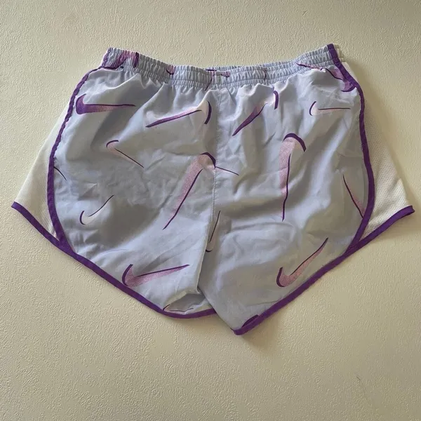 Nike Dri-Fit Running Shorts L Purple Swoosh Print Lightweight Activewear - Image 2