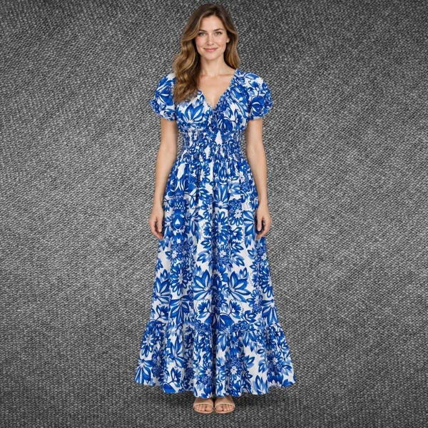 Blue White Floral Smocked Puff Sleeve Maxi Dress Size M - Image 2