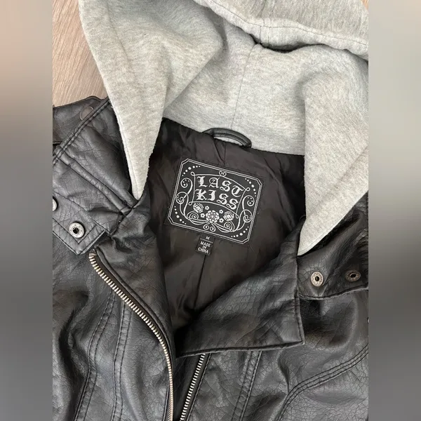 Last Kiss Y2K Black Leather Hybrid Gray Hooded Zip Moto Jacket Size Medium - Image 11