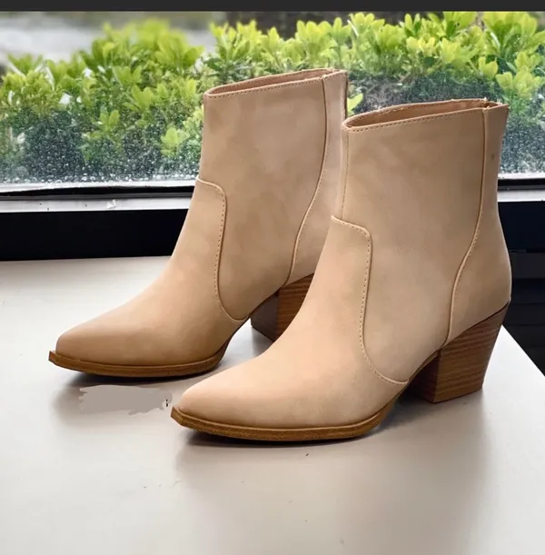 Soda Nude/Beige Chunky Heel Ankle Bootie - Image 3