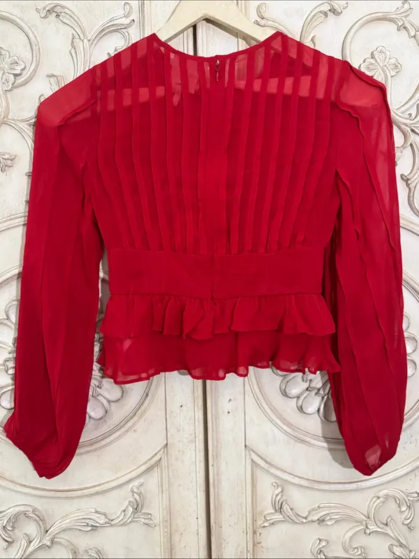 FARM Rio Red Ruffled Sheer Long-Sleeve Peplum Blouse Size Small - Image 10