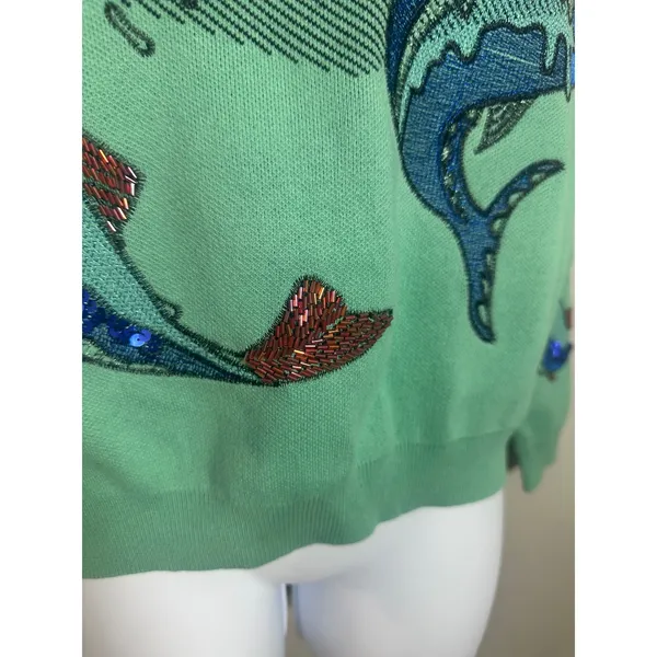 Vintage Style Mint Green Sequin Beaded Fish Knit Crewneck Sweater Large - Image 3