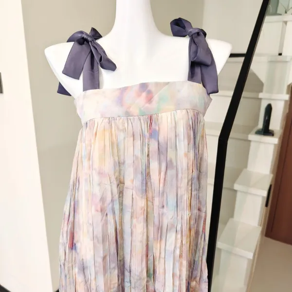 Pastel Tie Dye Pleated Maxi Dress Bow Tie Spaghetti - Image 2