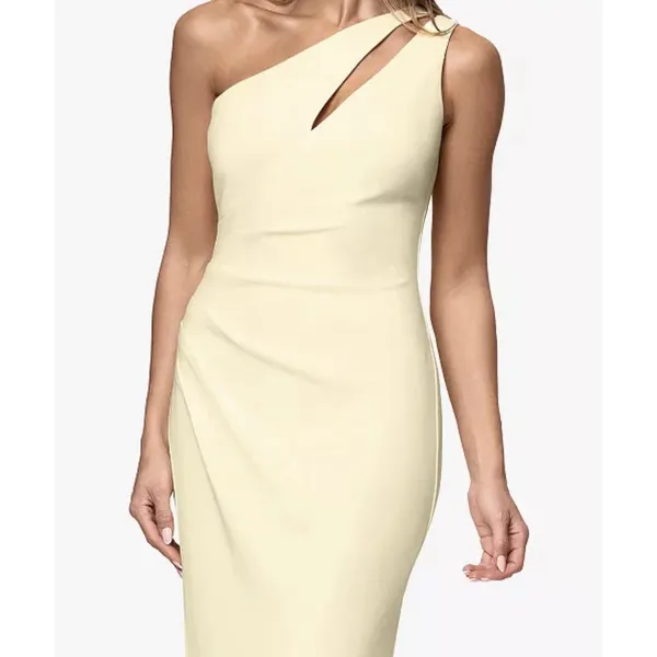 Betsy and Adam Women's One-Shoulder Side Ruched Ball Gown Lemon Size 10 Petite - Image 2