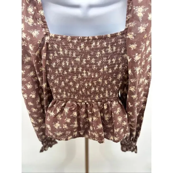 Dizzy Lizzy Smocked Peplum Floral Blouse XS Brown Boho Cottagecore Puff Sleeve - Image 9