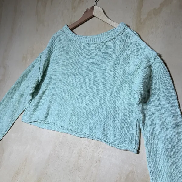 Free People Cropped Knit Sweater Women's Mint Green Cotton Crew Neck Small - Image 2
