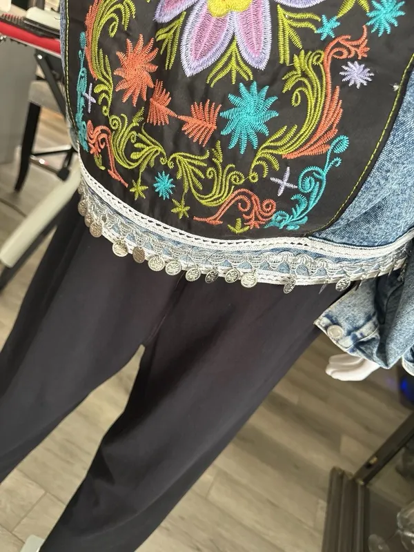 Chance Off Embroidered Boho Denim Jacket with Coin Fringe One Size - Image 3