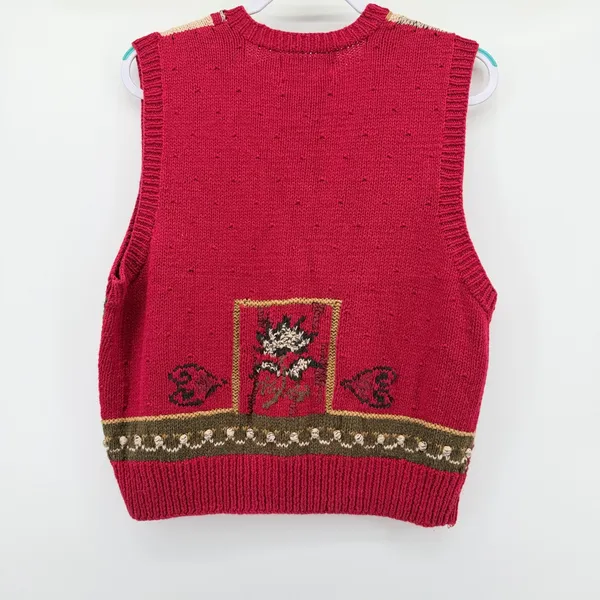 Robert Scott Ltd Womens Red Patchwork Floral Hand Knit Linen‎ Cotton Vest Large - Image 4