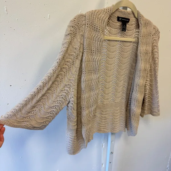 Y2K INC International Concepts Tan Pointelle Crochet Open Cardigan XL 3/4 Sleeve - Image 3