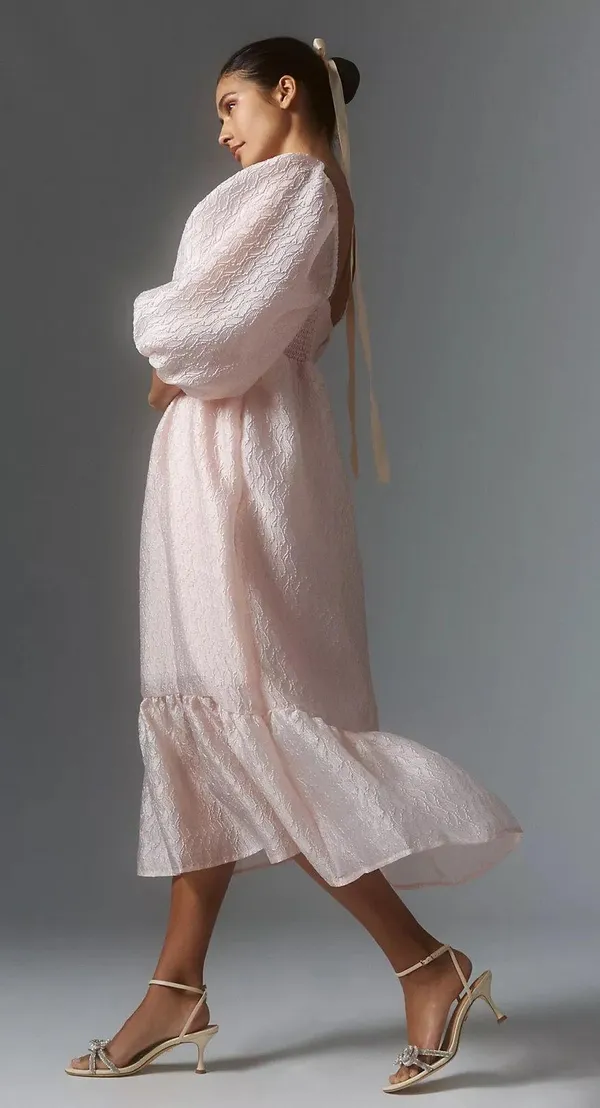 Anthropologie NWT By Textured Pink Puff-Sleeve Dress - Image 2