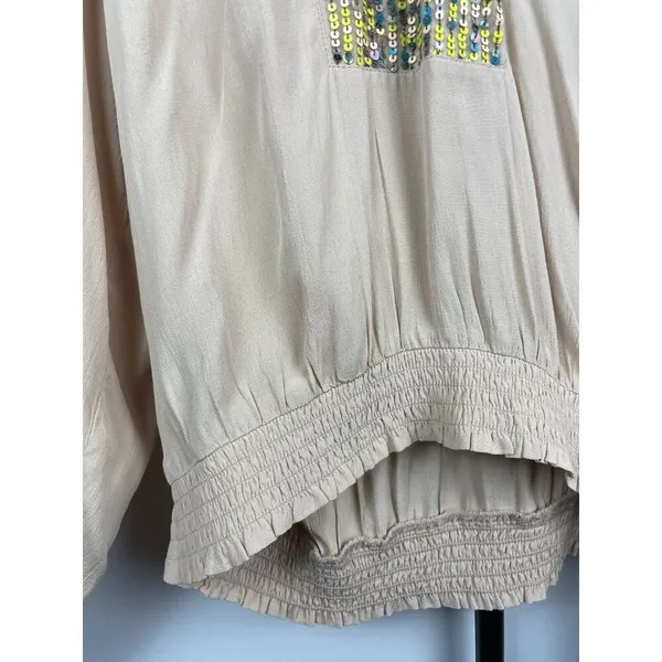 Maeve Anthropologie Cream Kristie Long Balloon Sleeve Sequin‎ Peasant Blouse S - Image 4