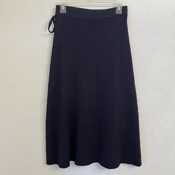 Pari Desai Wrap Midi Skirt M Ribbed Knit Academia Office Preppy $365 Navy Blue - Image 6
