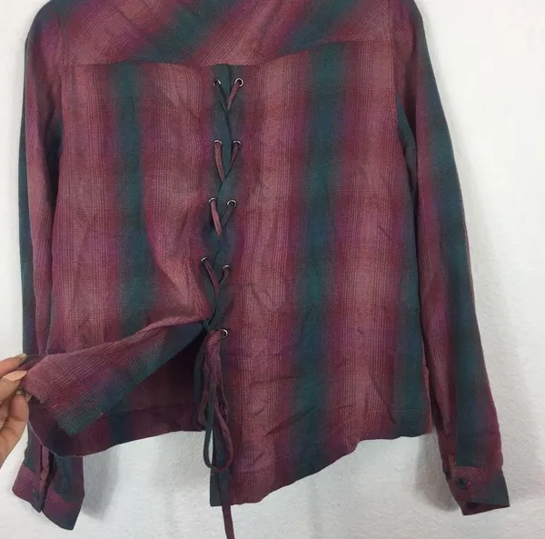 Anthropologie Cloth & Stone Plaid Lace Up Back Top - Image 7